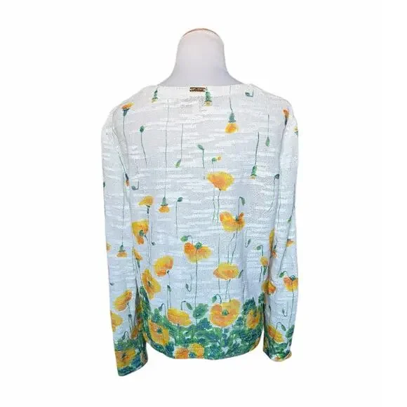 St. John Sport Floral Light Weight Knit Gold-Tone Button Cardigan Sz L Whimsical